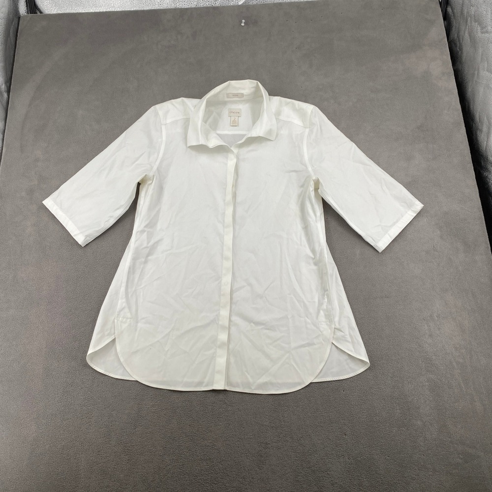 Chicos No-Iron White Cotton Button Down Shirt Elbow Sleeve Tunic Size 2 L